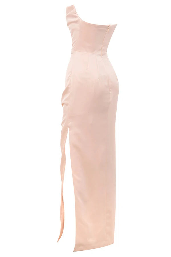 champagne satin strapless gown