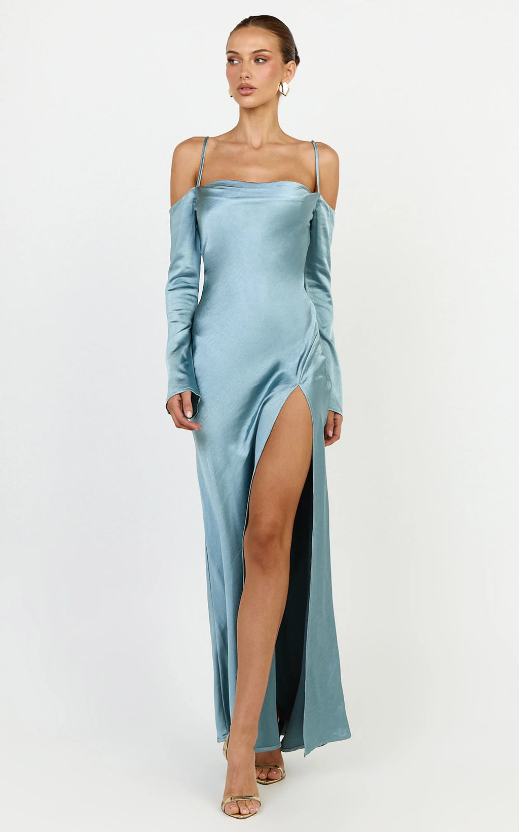 Isabella Maxi Dress - Off Shoulder Long Sleeve Satin Dress in Blue