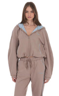 Two-Toned Cropped Hoodie in Taupe