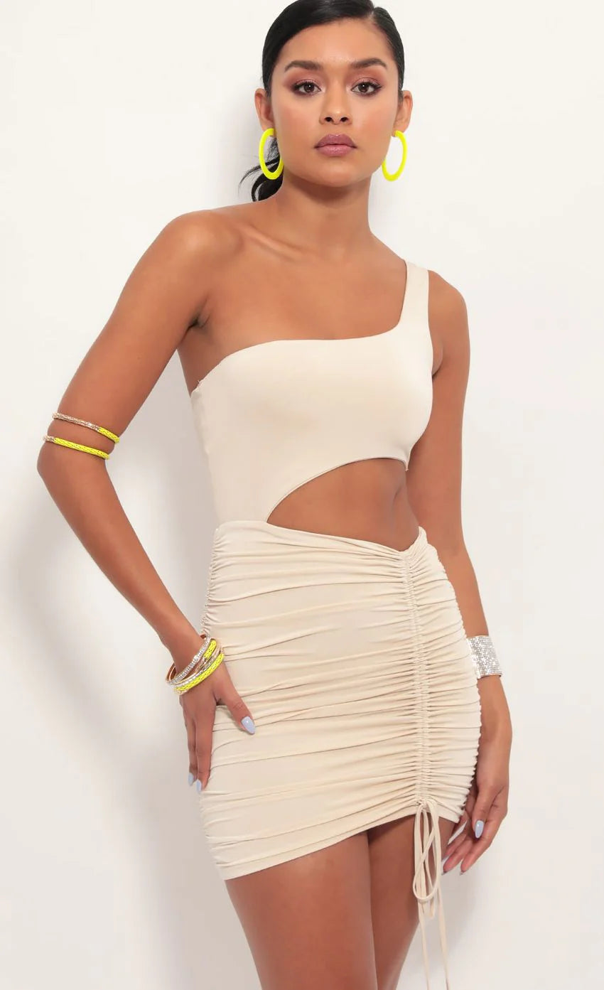 One shoulder Ruched Cutout Dress in Champagne