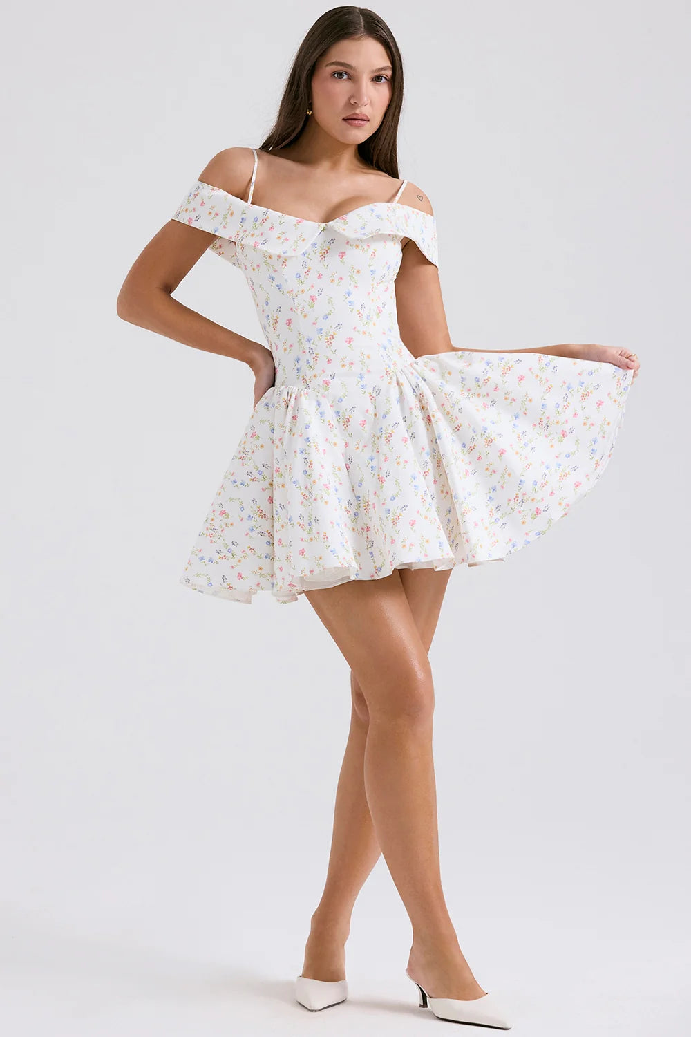 white posy print corset mini dress