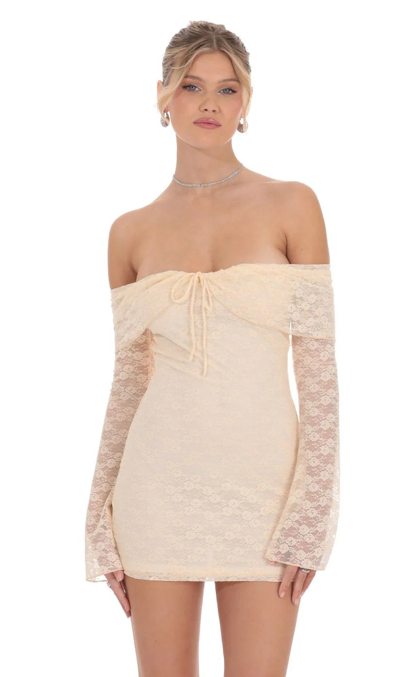 Lace Draped Off Shoulder Dress in Pastel Peach