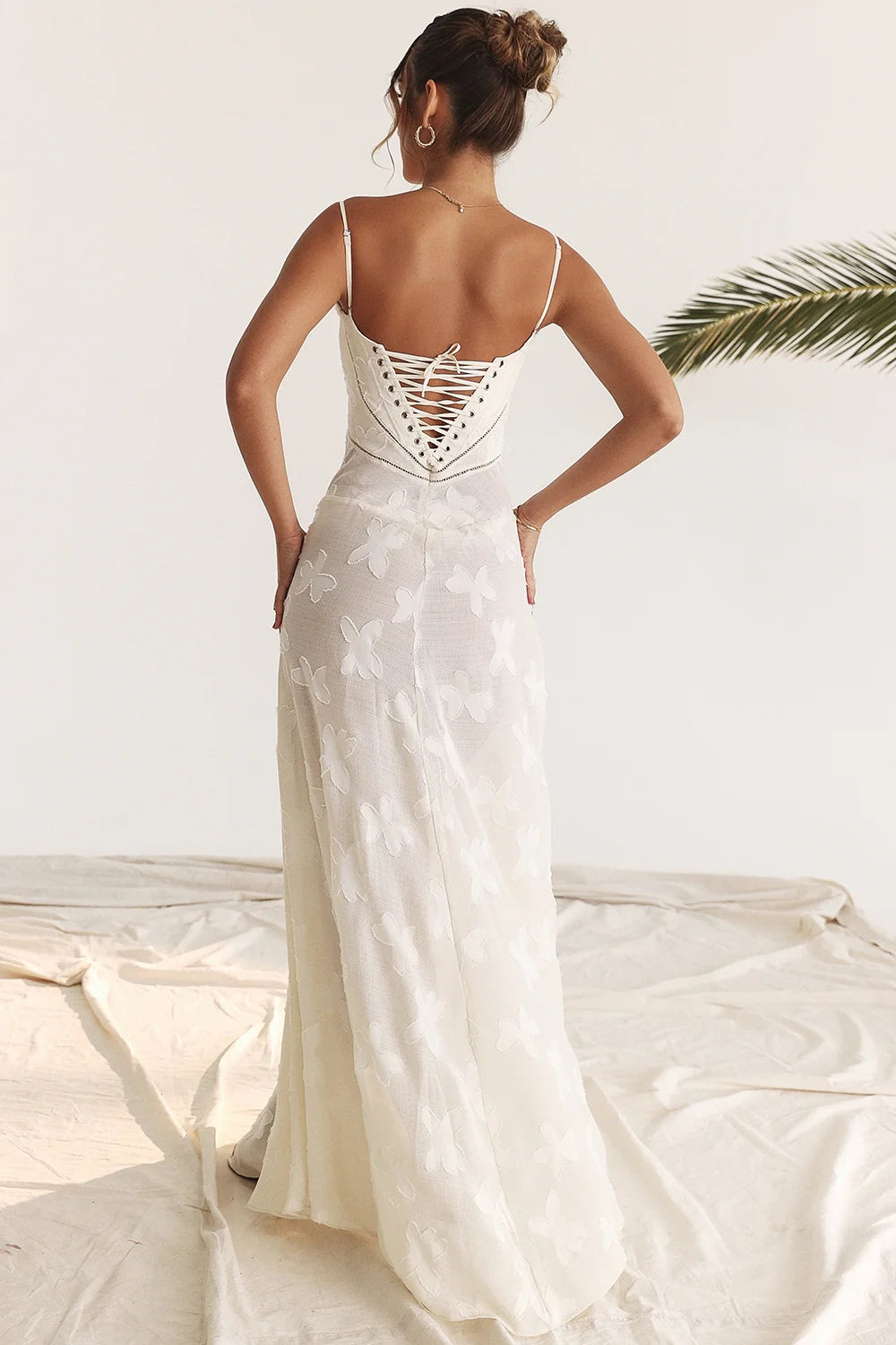 vintage cream floral lace back maxi dress