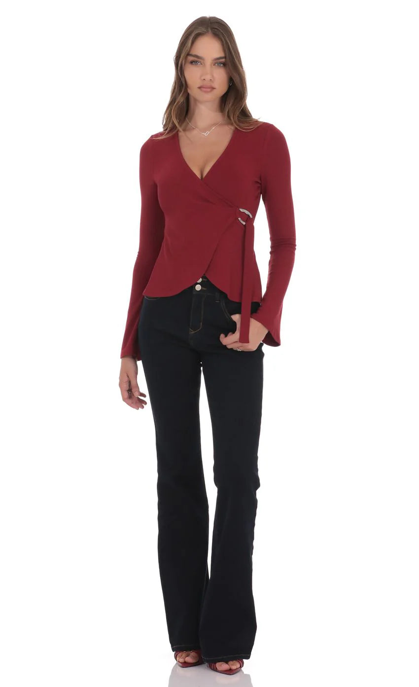 Embellished Wrap Top in Maroon