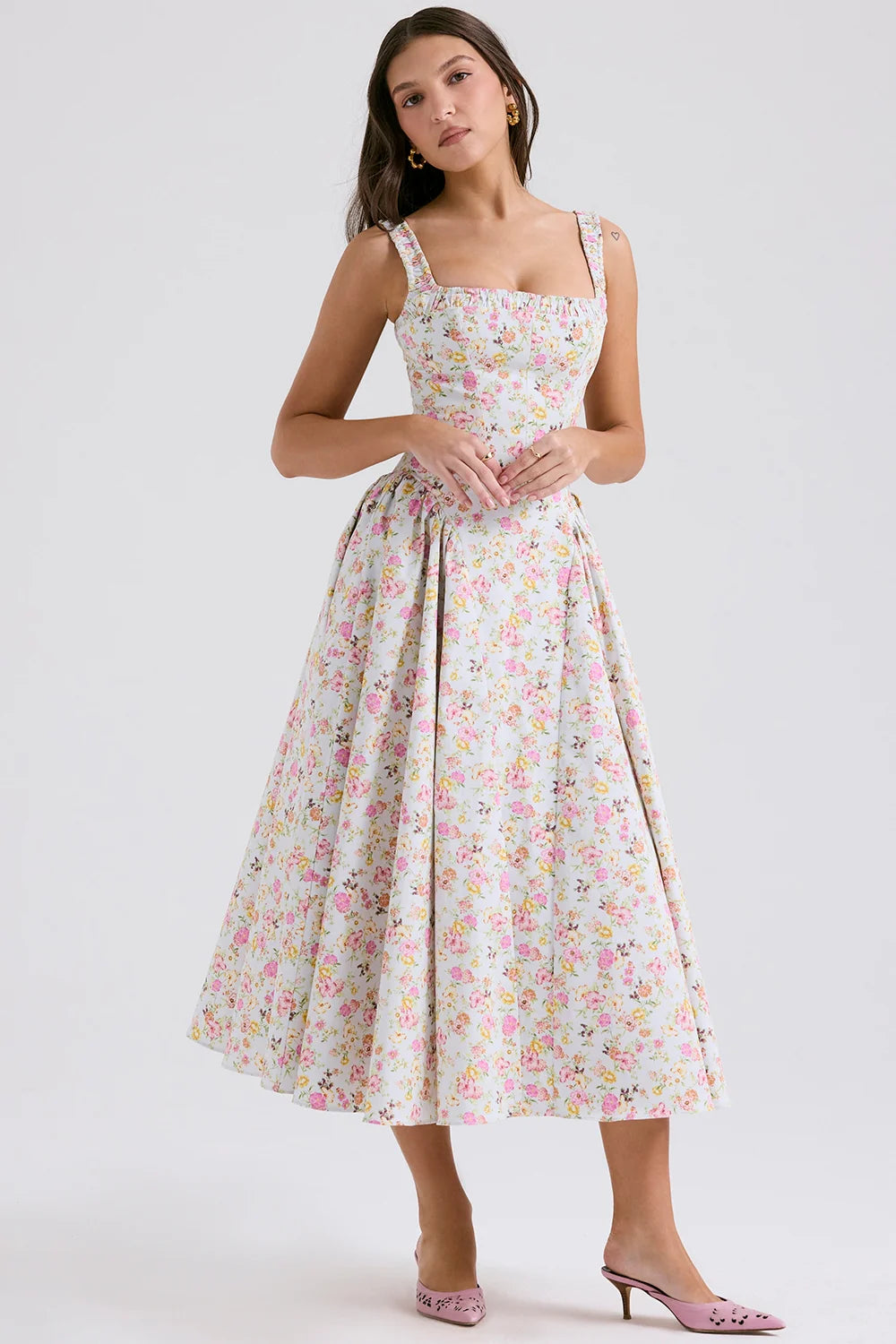 pale blue meadow print cotton midi sundress