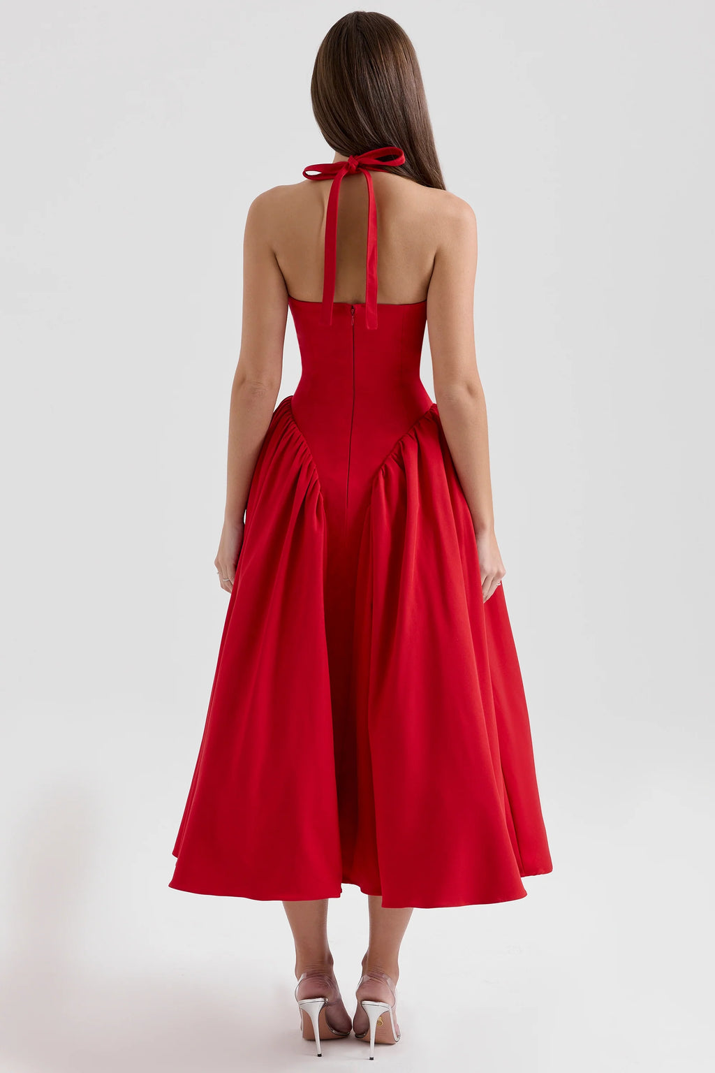 red twill halter midi dress