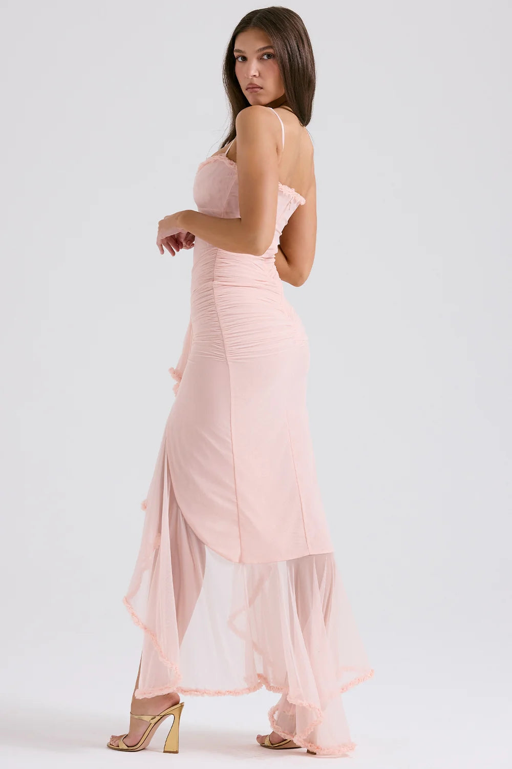 soft peach ruffled front gown