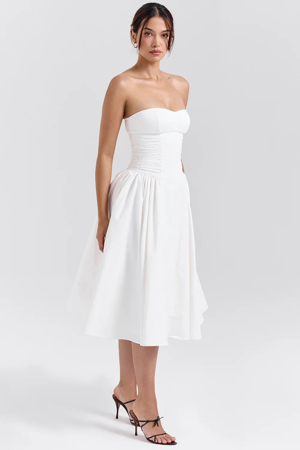 white cotton strapless midi sundress