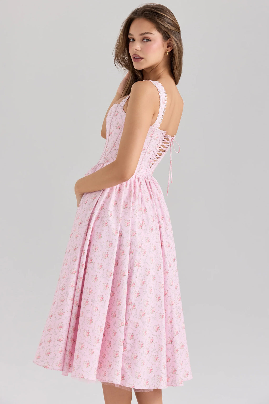 pink rose print stretch cotton corset midi dress