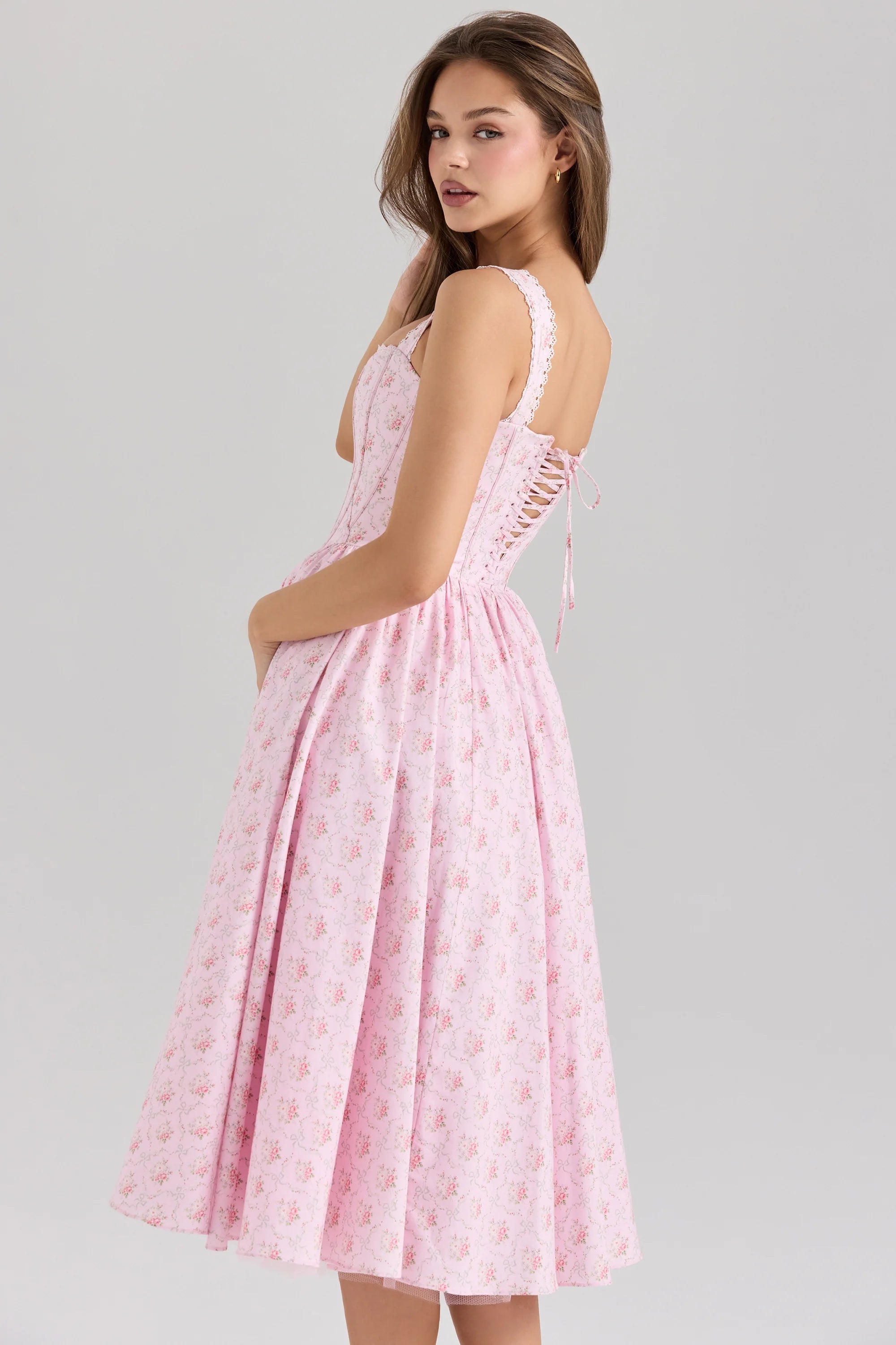 pink rose print stretch cotton corset midi dress