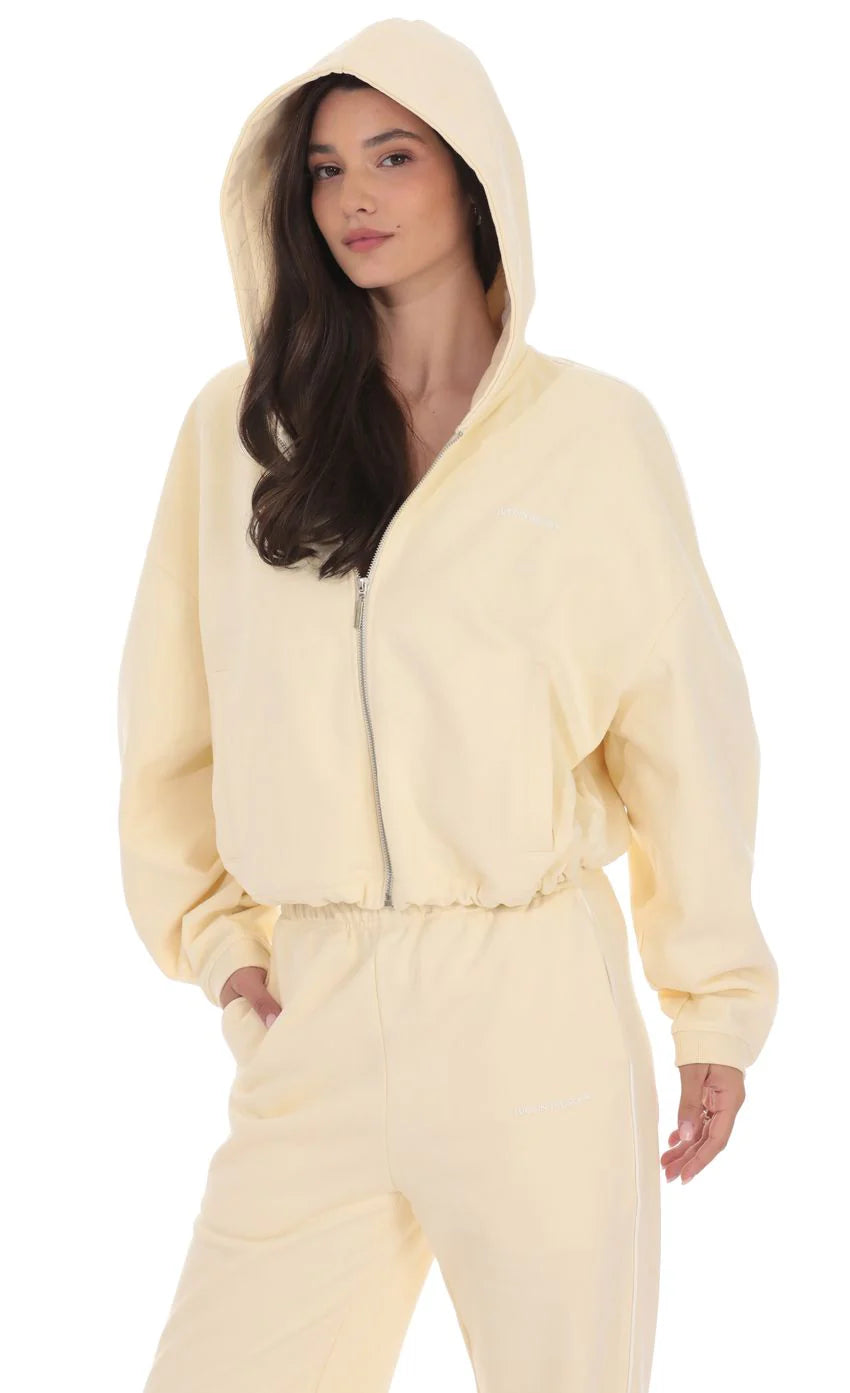 Cropped Cinch Waist Hoodie in Cream