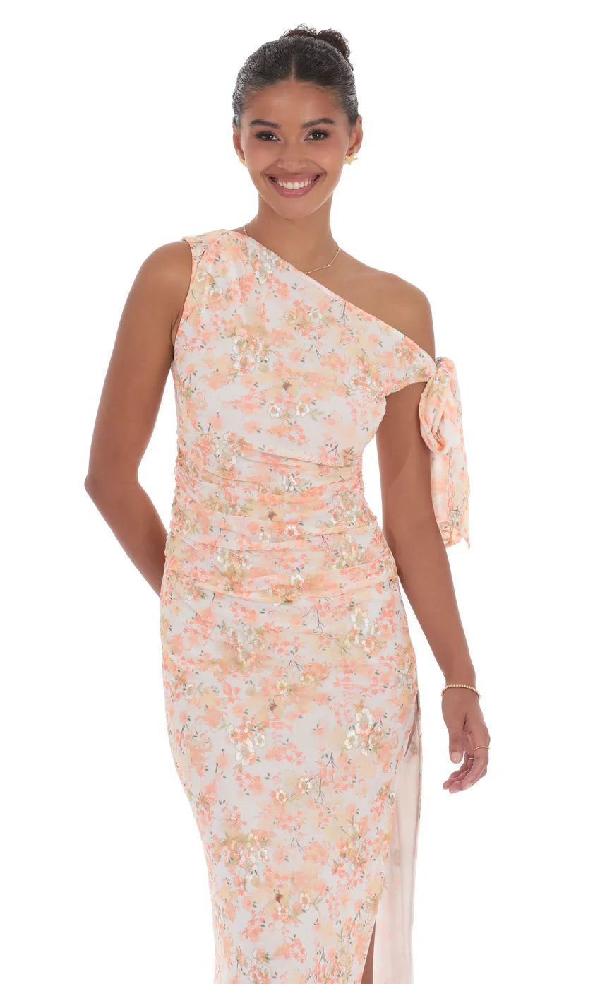 Floral Shimmer Off Shoulder Maxi Dress in Peach