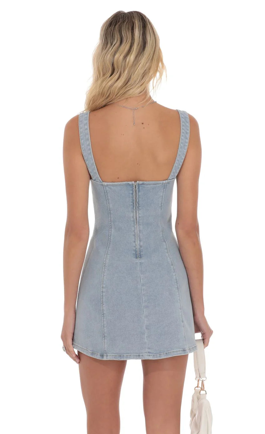 Denim Striped Bow Dress in Light Blue