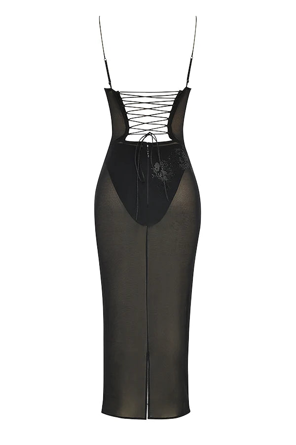 black mesh crystal embellished midi dress