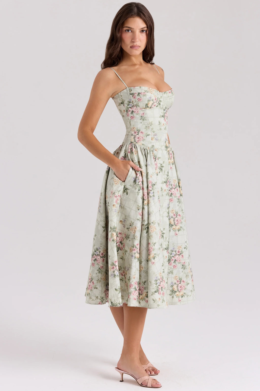 sage floral print cotton midi dress