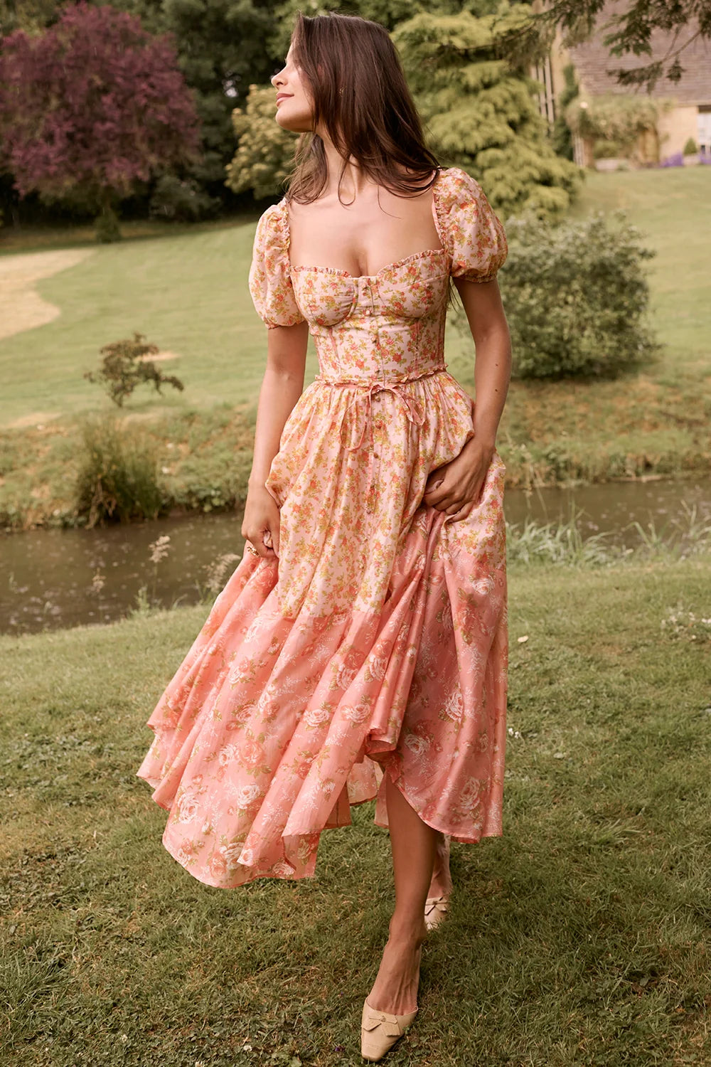 peach poppy print puff sleeve midi sundress