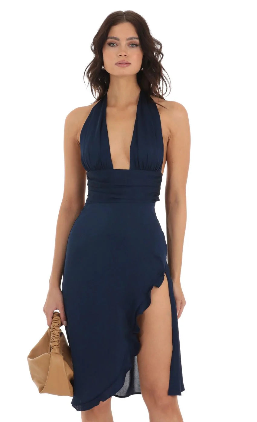 Satin Ruffle Slit Dress in Navy