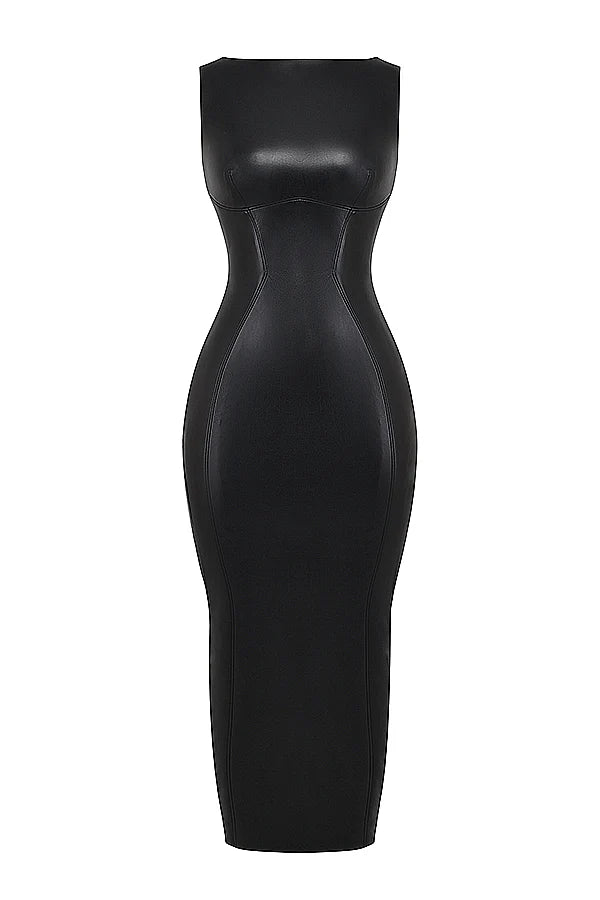 black vegan leather maxi dress