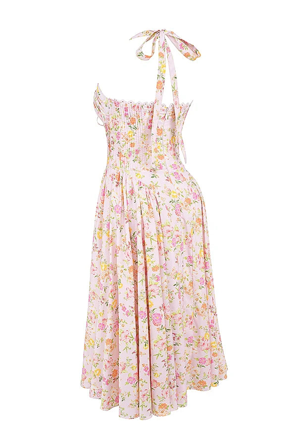 pink meadow print cotton halter midi sundress