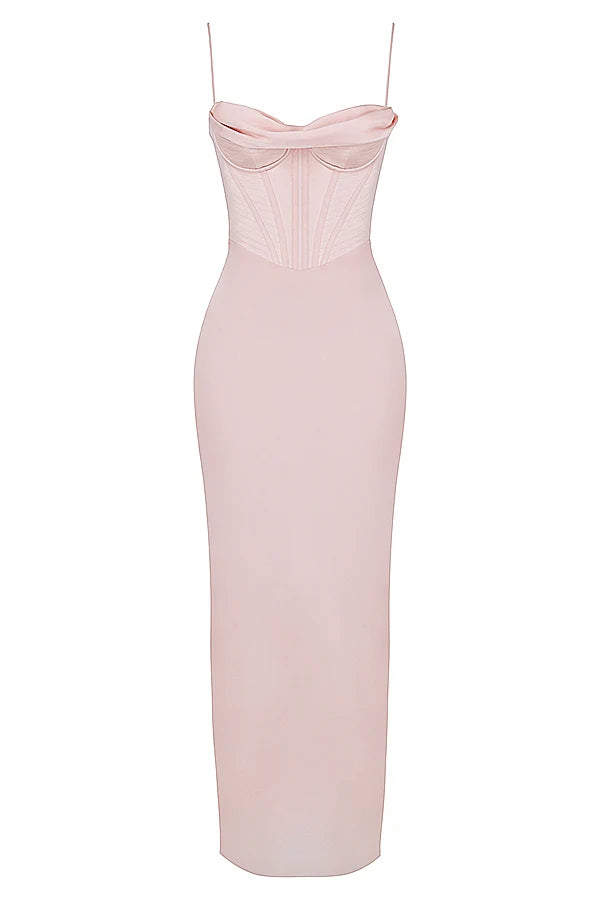 blush pink corset maxi dress