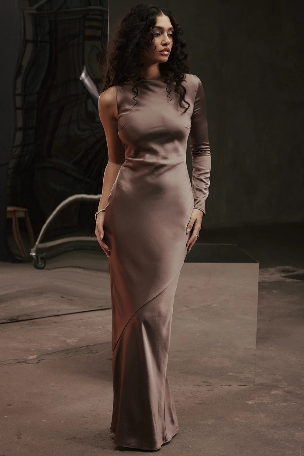 smoke one sleeve maxi dress