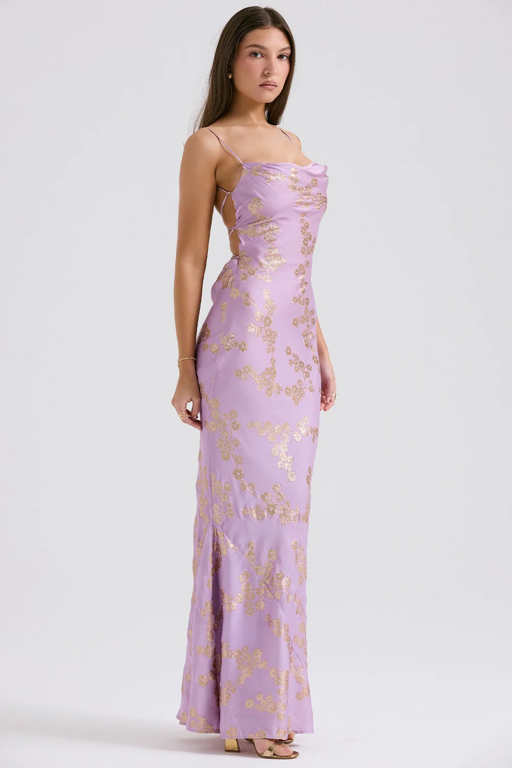 orchid jacquard satin gown
