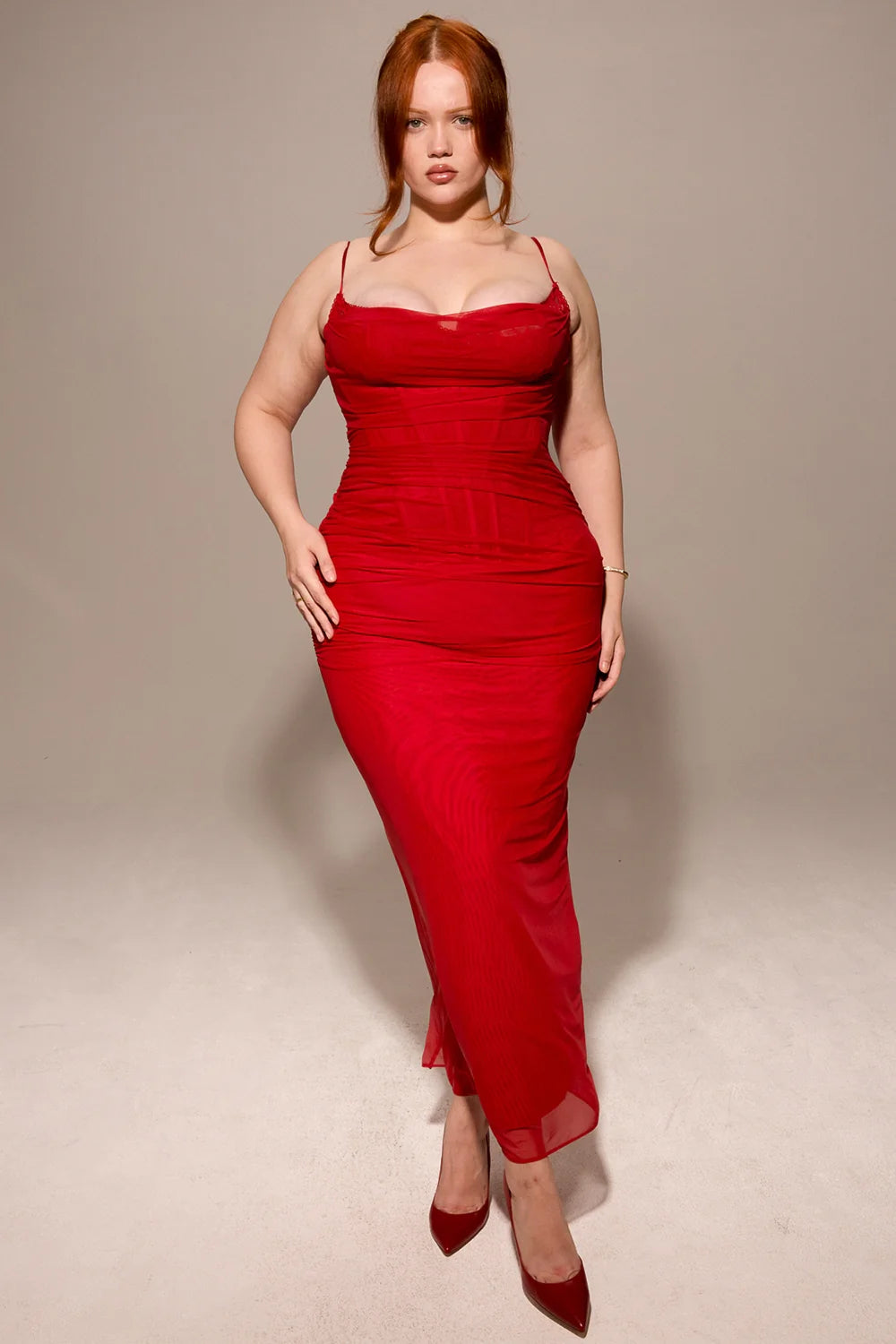 holly red stretch mesh corset maxi dress
