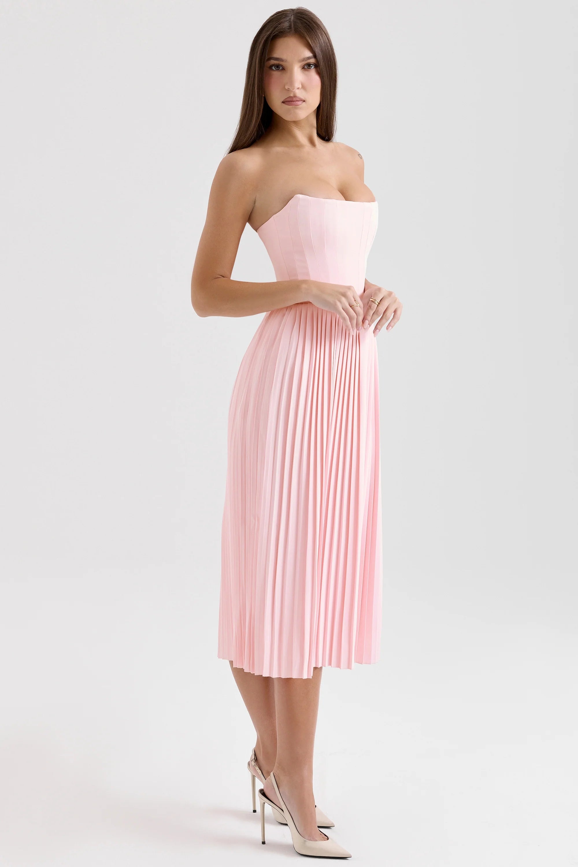 pink pleated midi corset dress