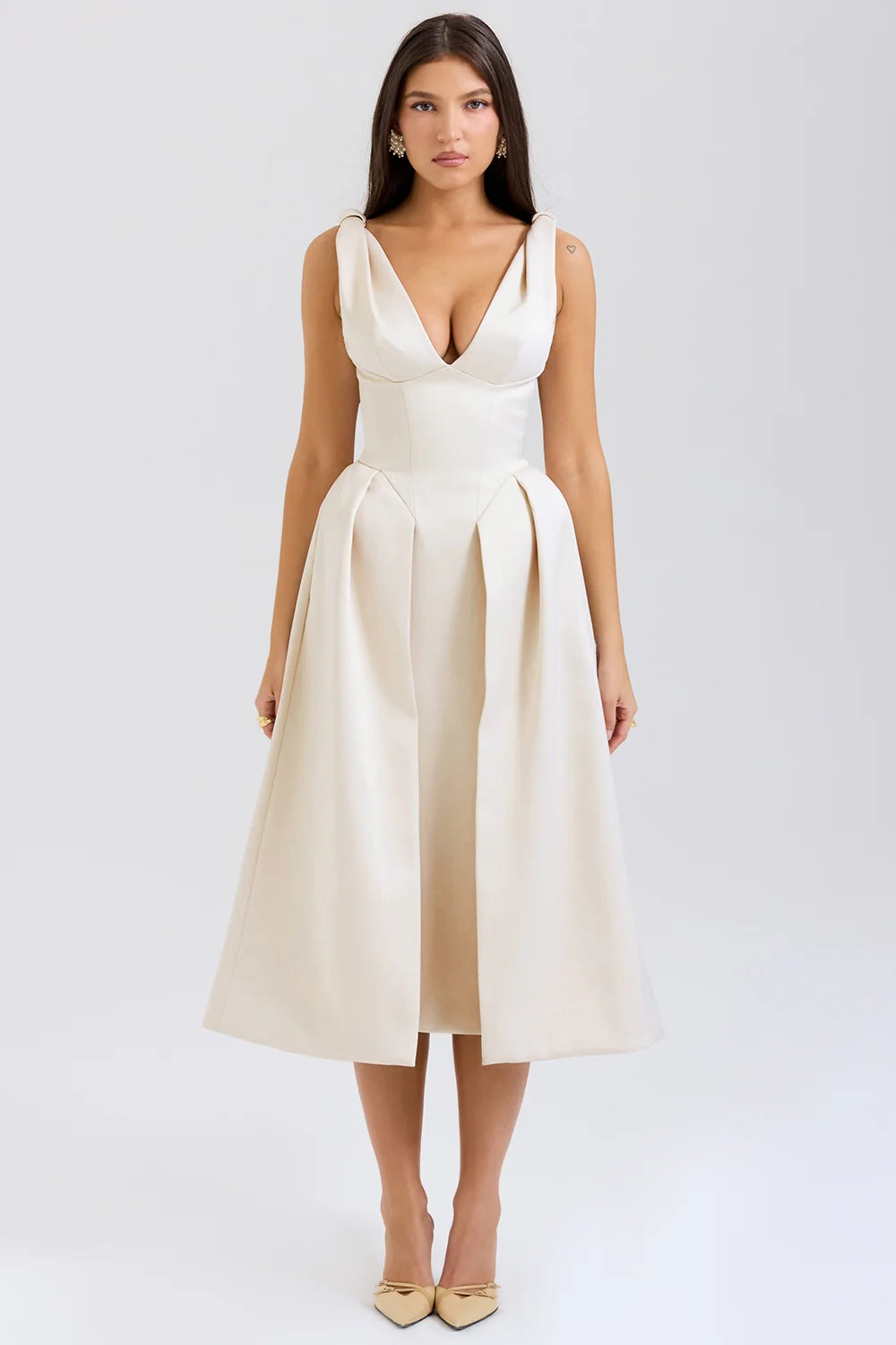 vintage cream satin pleated midi dress - sale