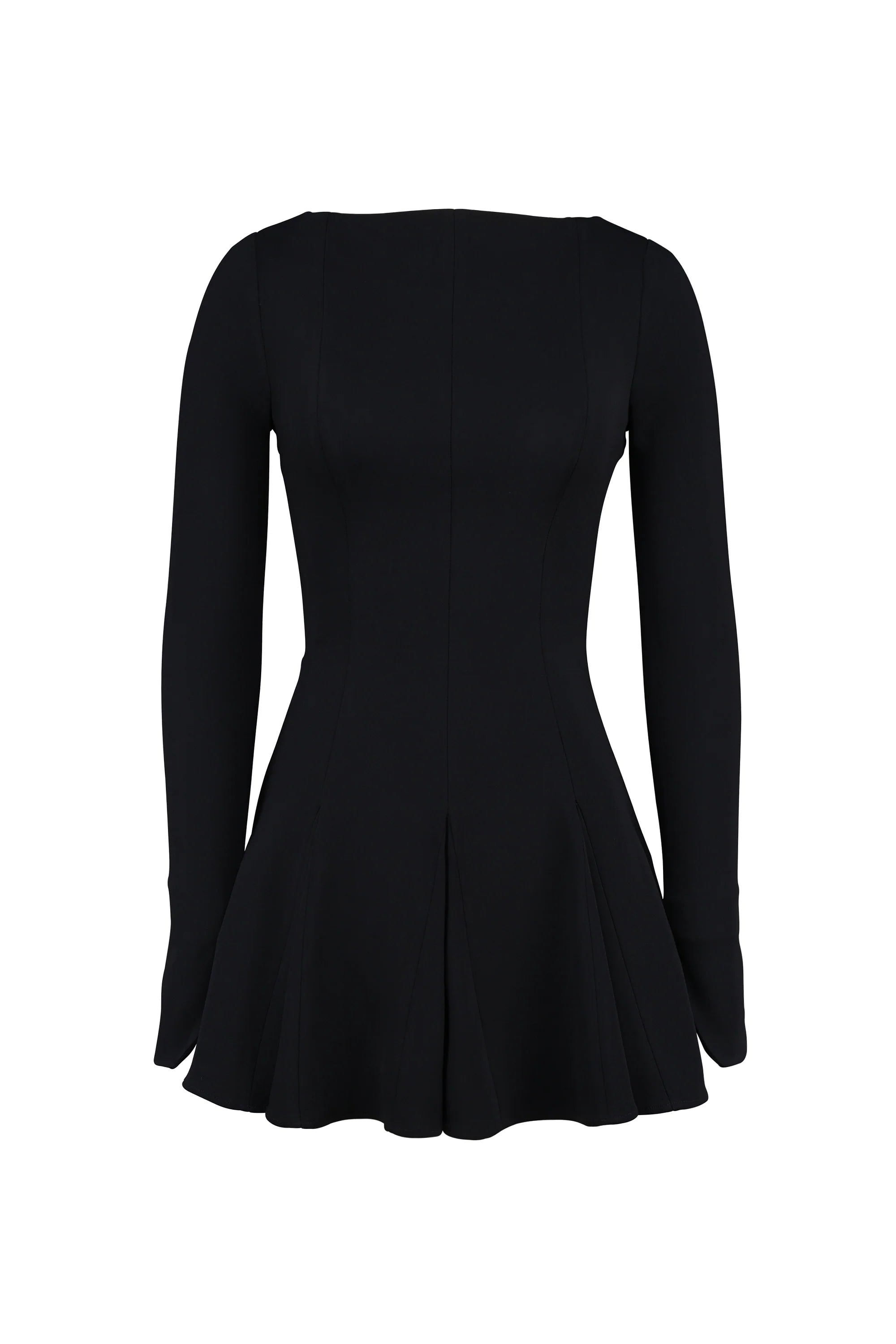 black stretch crepe godet mini dress