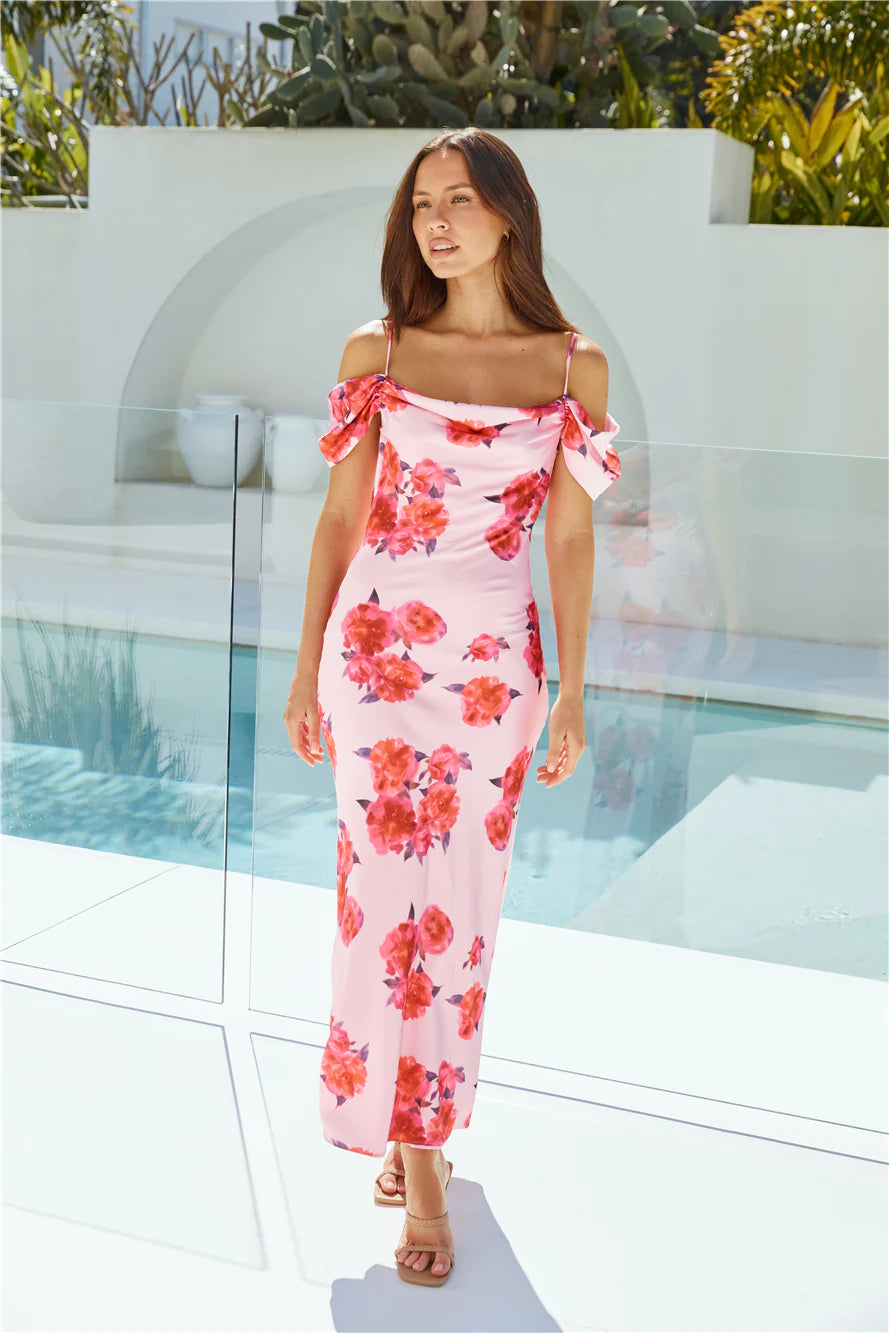 Blooming Love Satin Maxi Dress Pink