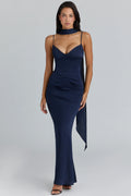 navy satin gathered maxi dress + scarf