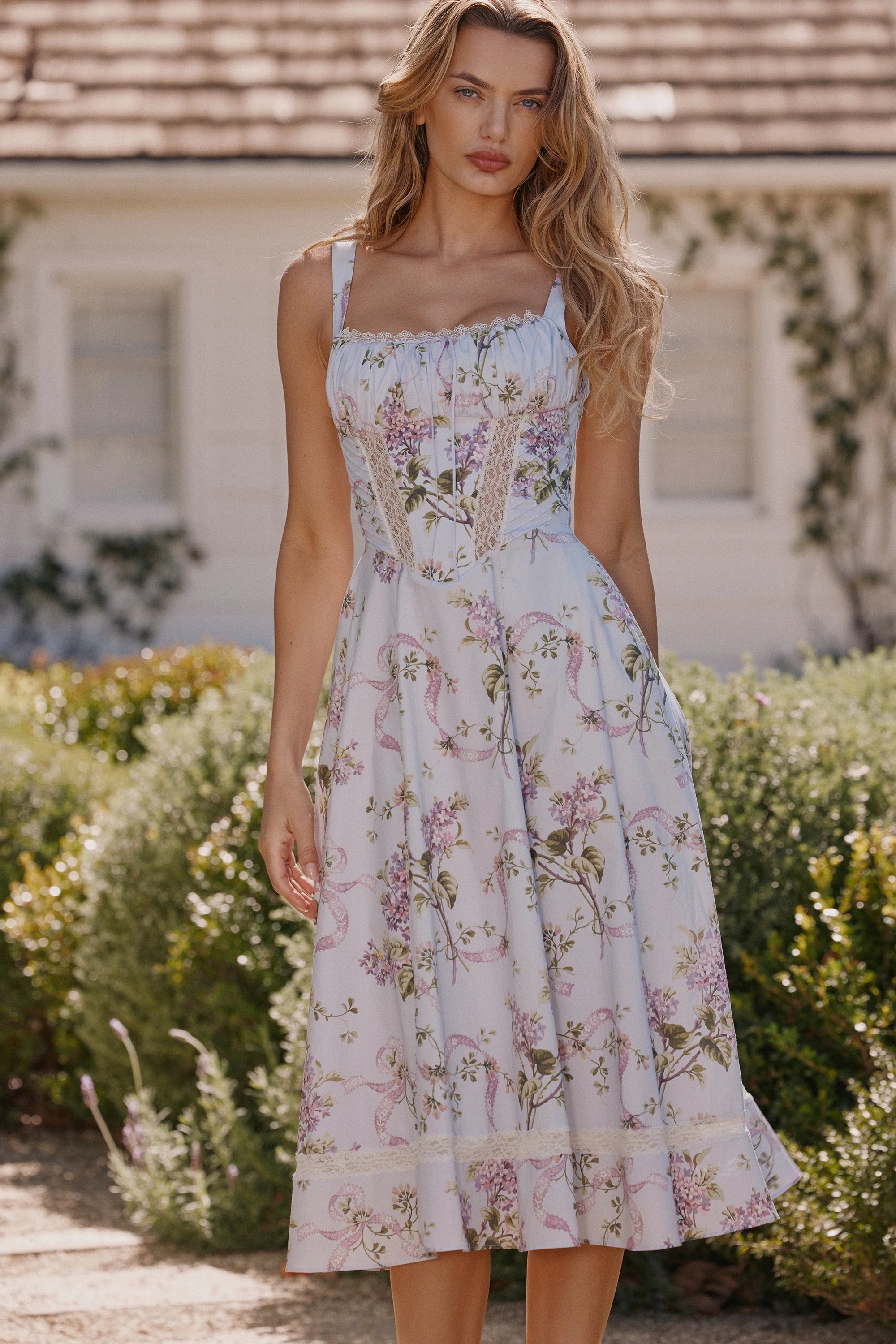lilac floral cotton midi sundress