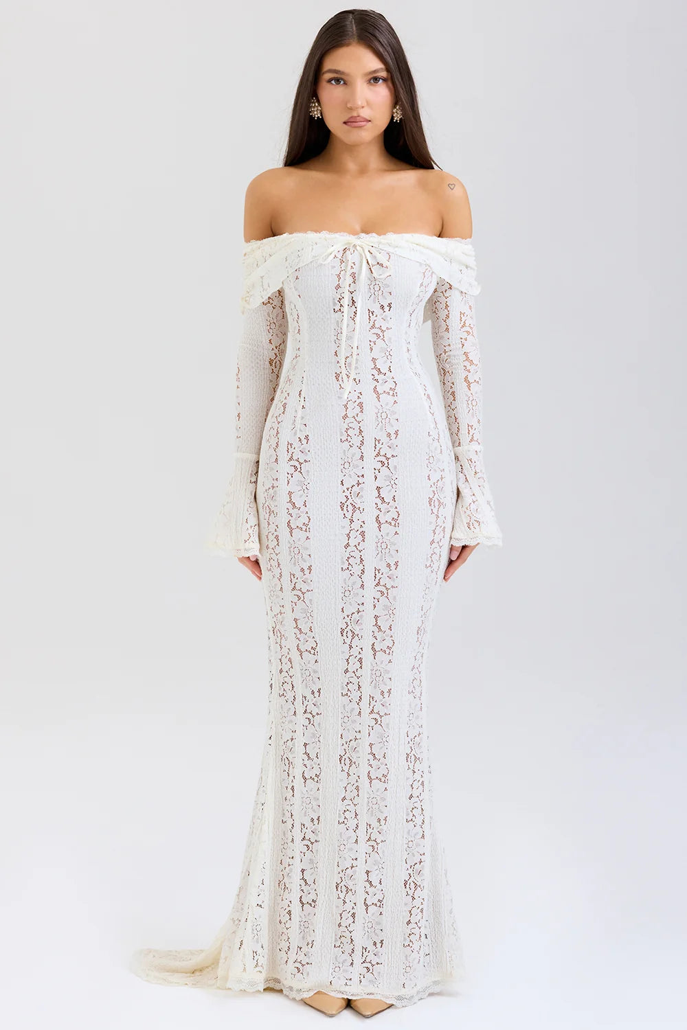 vintage cream floral lace off shoulder maxi dress
