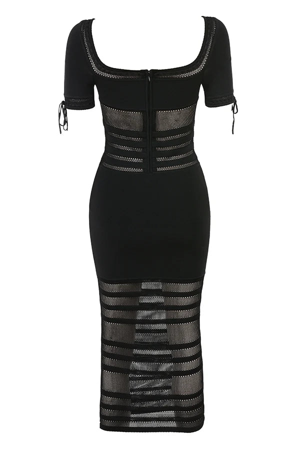 black openwork knit midi dress