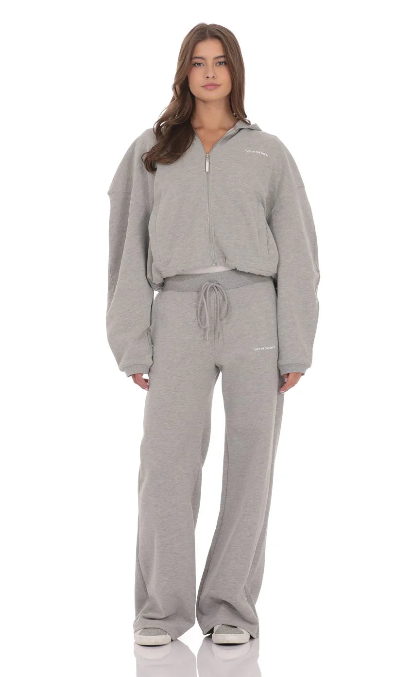 Cropped Fleece Zip-Up Hoodie in Grey