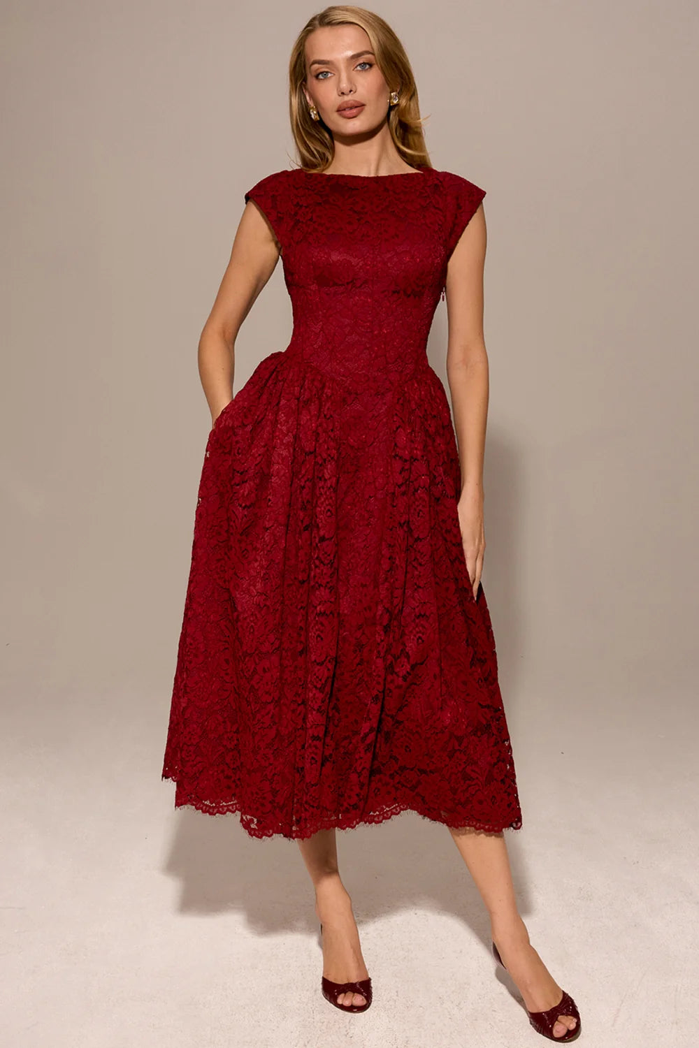 berry lace backless midi dress - sale