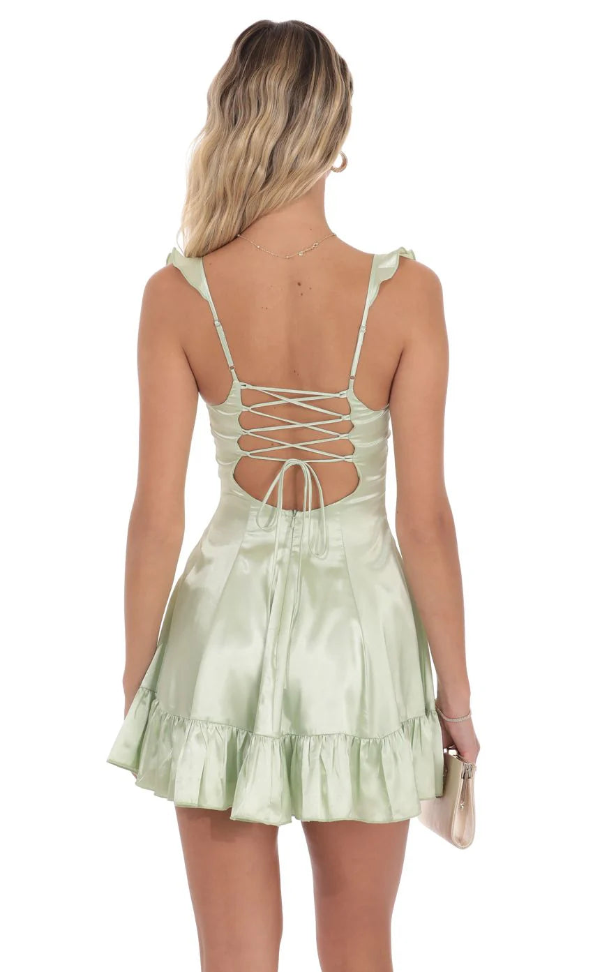 Satin Ruffle Fit and Flare Dress in Pastel Green