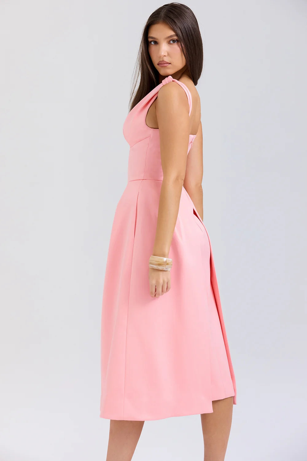 peach satin pleated midi dress - sale
