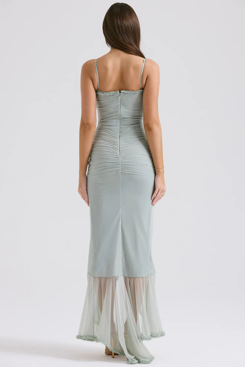 pistachio ruffled front gown