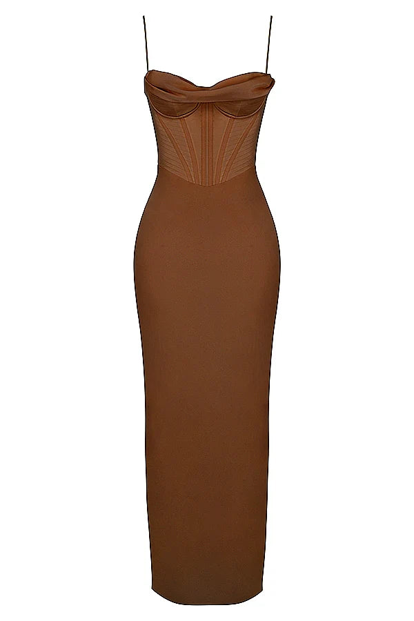 chocolate corset maxi dress