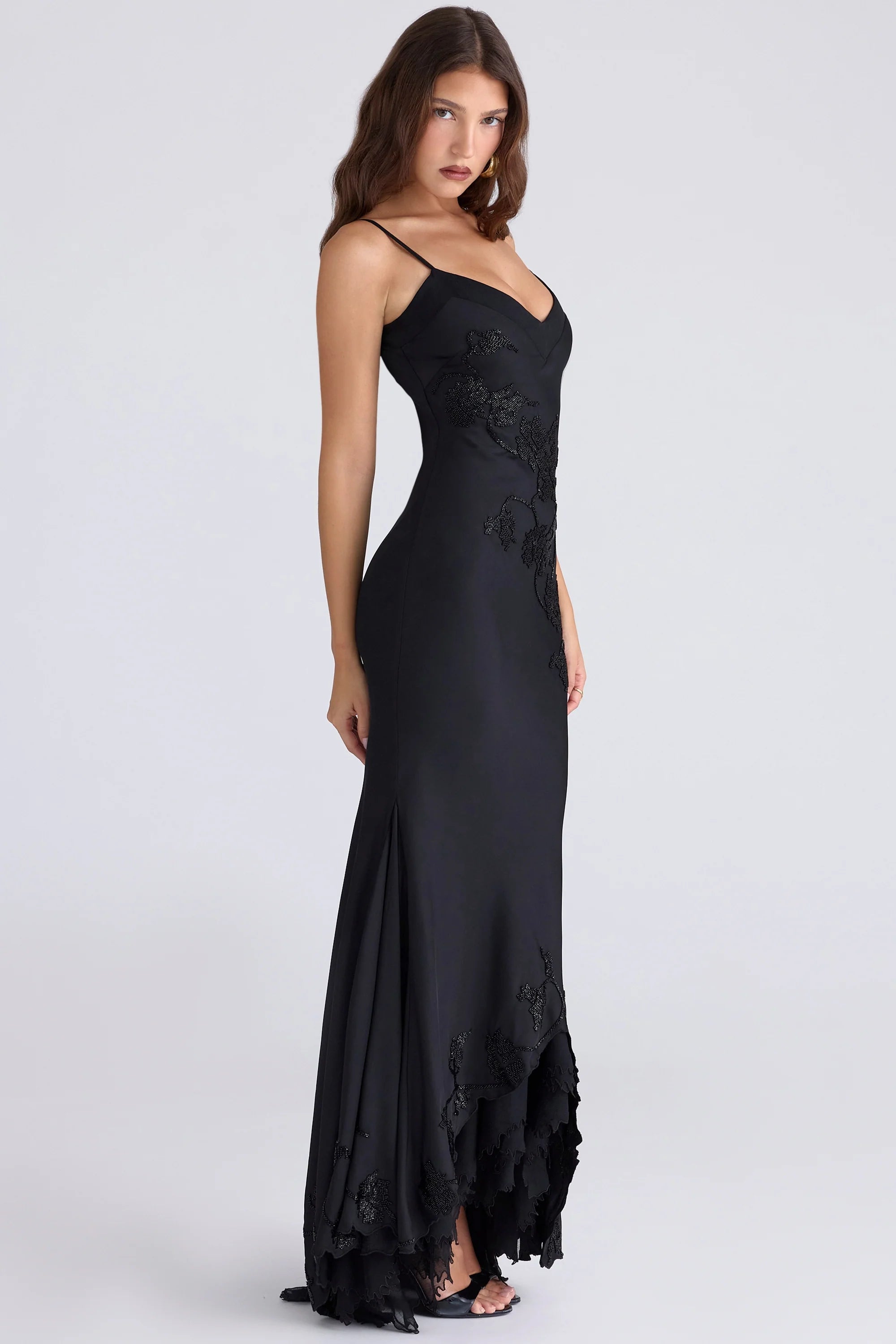 black hand beaded embellished satin maxi dress - limited edition
