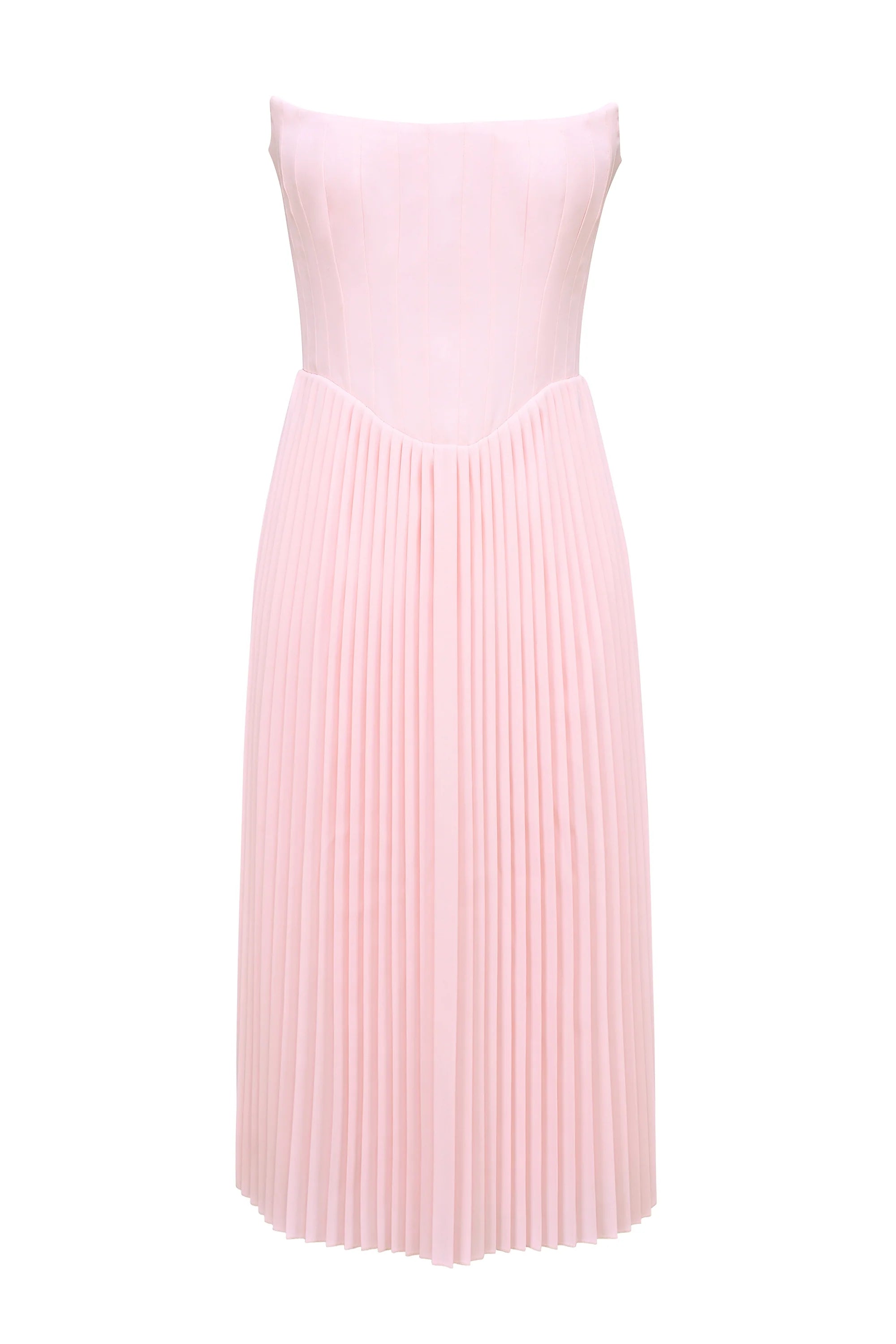 pink pleated midi corset dress