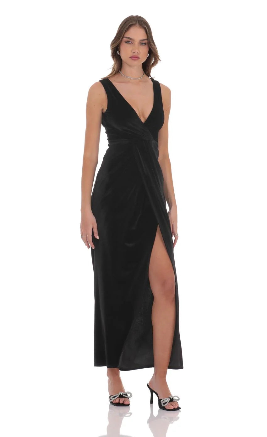 Velvet V-Neck Slit Maxi Dress in Black