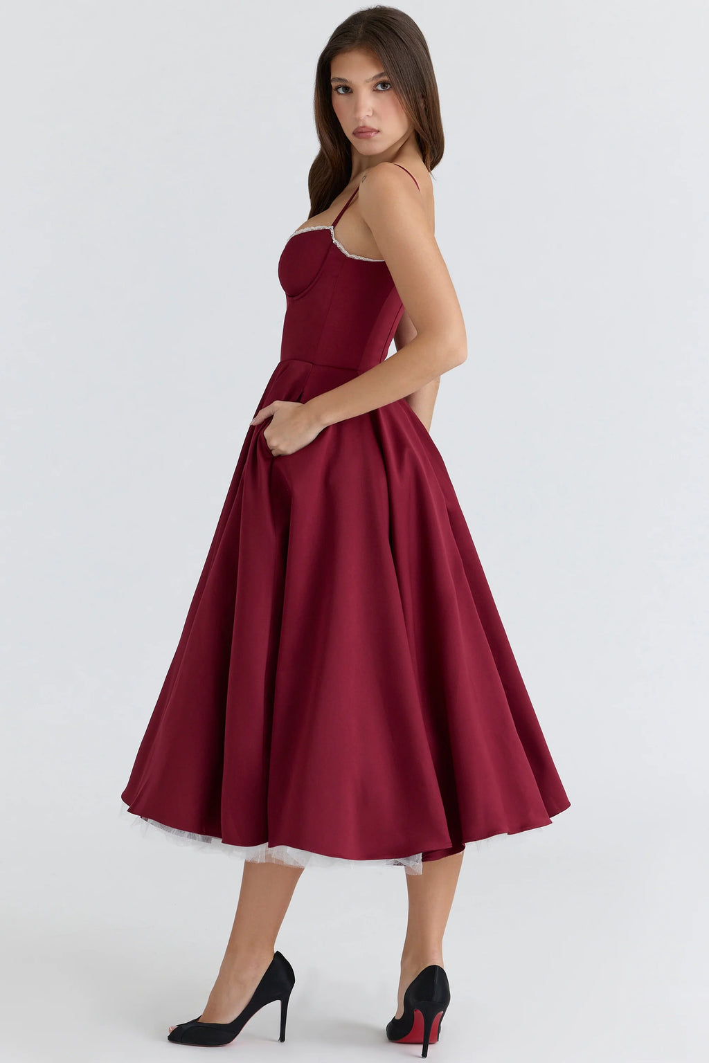 wine satin tulle midi dress
