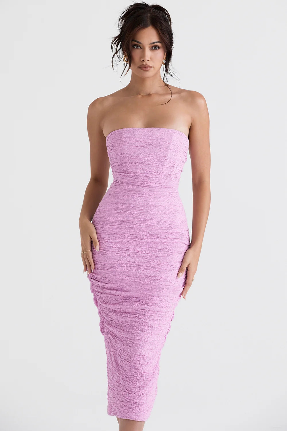 pink strapless corset midi dress