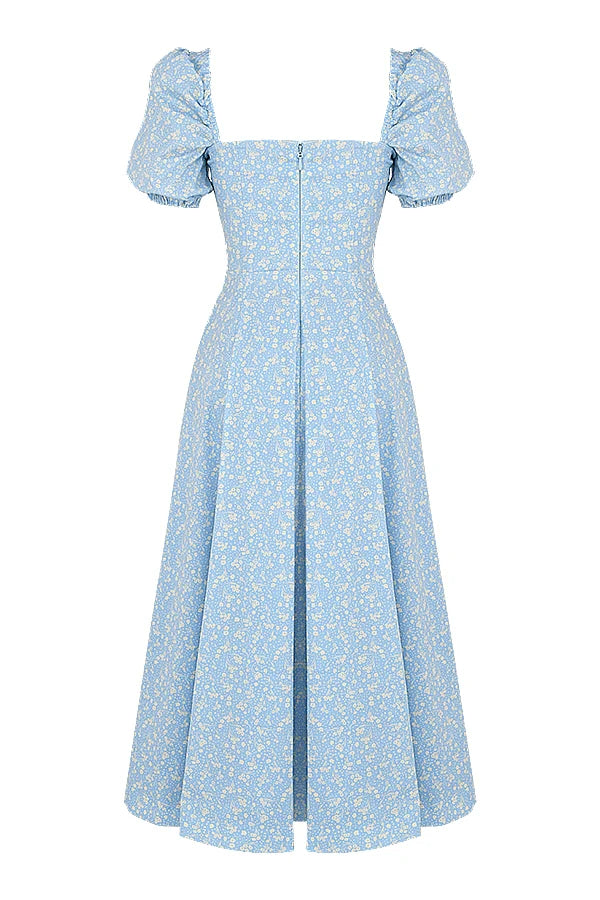 blue ivory floral puff sleeve midi dress