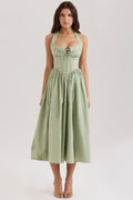 sage stretch cotton halter neck midi dress