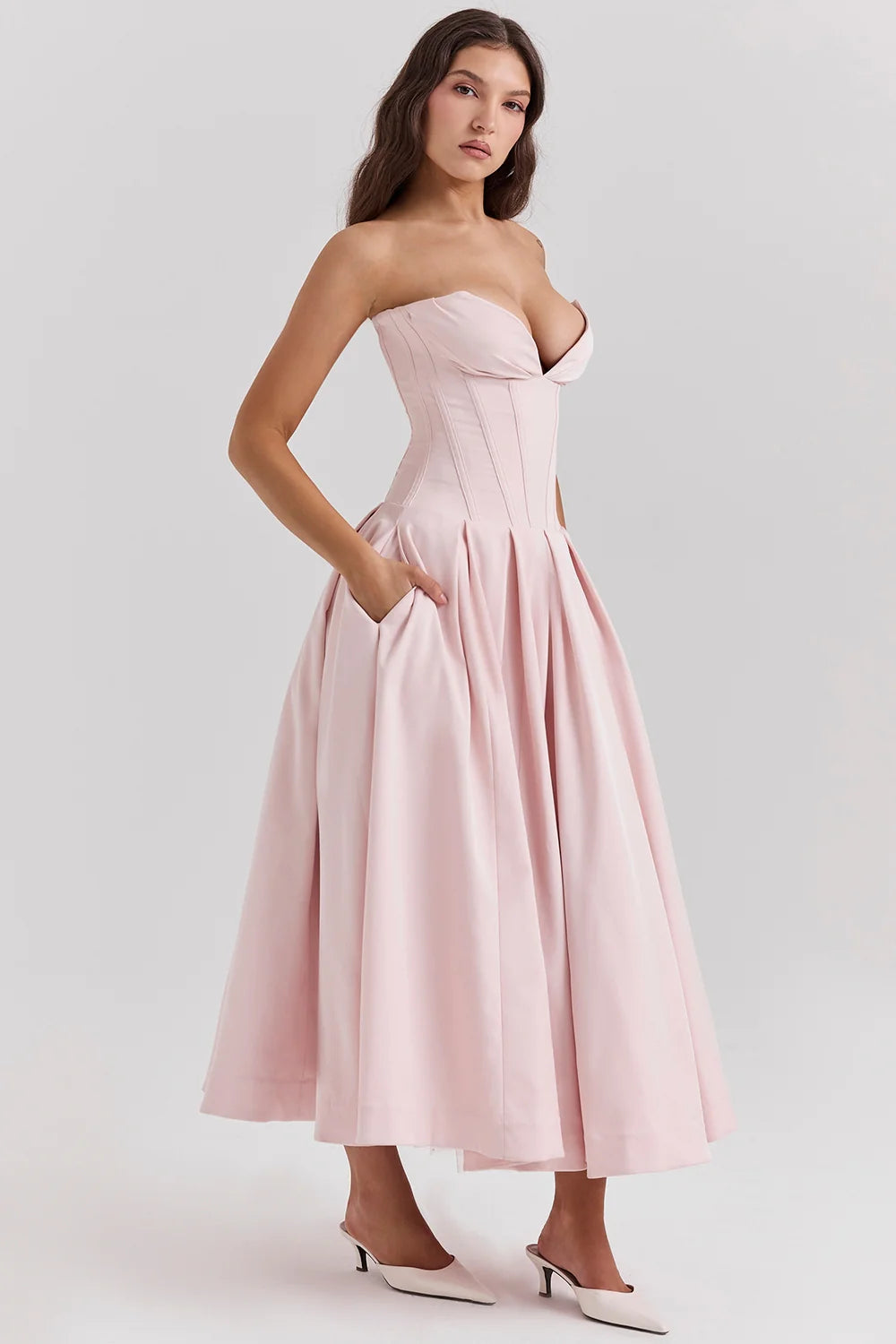 ballerina pink strapless midi dress