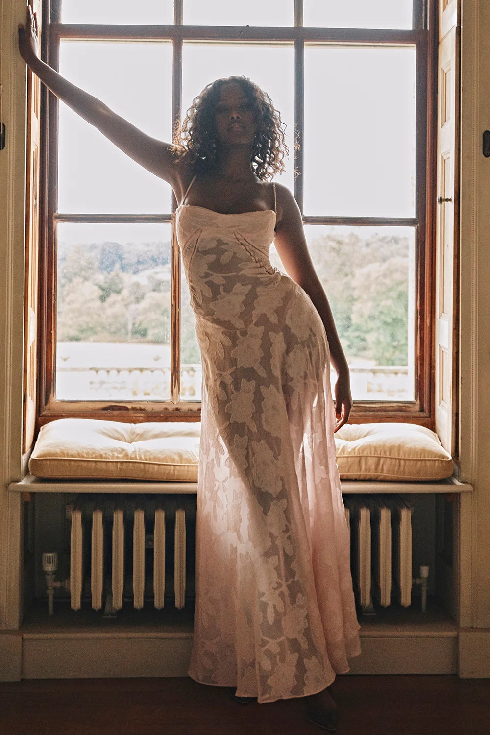 soft pink floral lace back maxi dress
